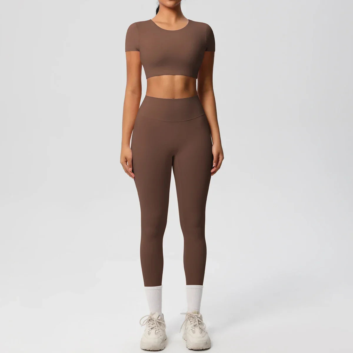 Yoga Set 2 Pieces Women Tracksuits Workout Sportswear Gym Clothing Fitness Short Sleeve With Padded High Waist Leggings Suits