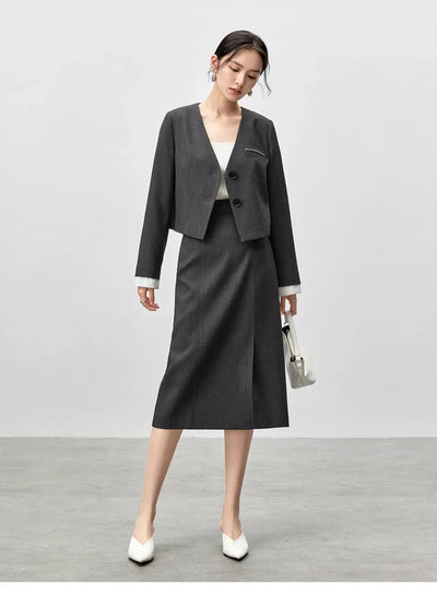 SENTUBILA Two Piece Skirt Sets Women Outfits 2025 Spring Office Ladies V Neck Grey Blazer Jackets Straight Slit Skirt 143Z56241