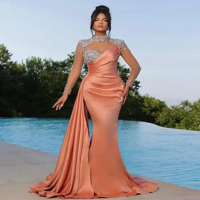 Luxury High Neck Evening Dresses For Women Mermaid Women 2024 Sheer Long Sleeves Wedding Party Prom Gowns  vestidos de noche
