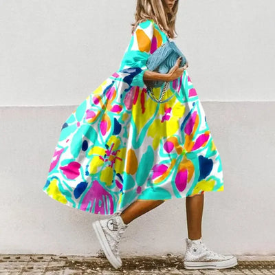 Women's Summer New Mid Sleeve Round Neck Fashionable Printed Bohemian Seven Sleeve Casual Loose Dress For Women
