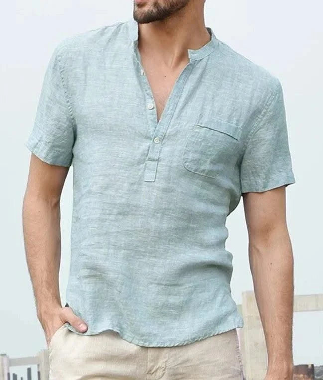 Linen Cotton Men's Shirt Henry Collar and Beach Pocket Casual Short Sleeved T-shirt Solid Color T-shirt Retro Streetwear