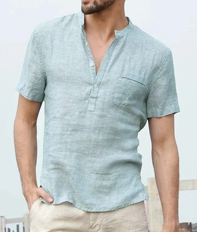 Linen Cotton Men's Shirt Henry Collar and Beach Pocket Casual Short Sleeved T-shirt Solid Color T-shirt Retro Streetwear