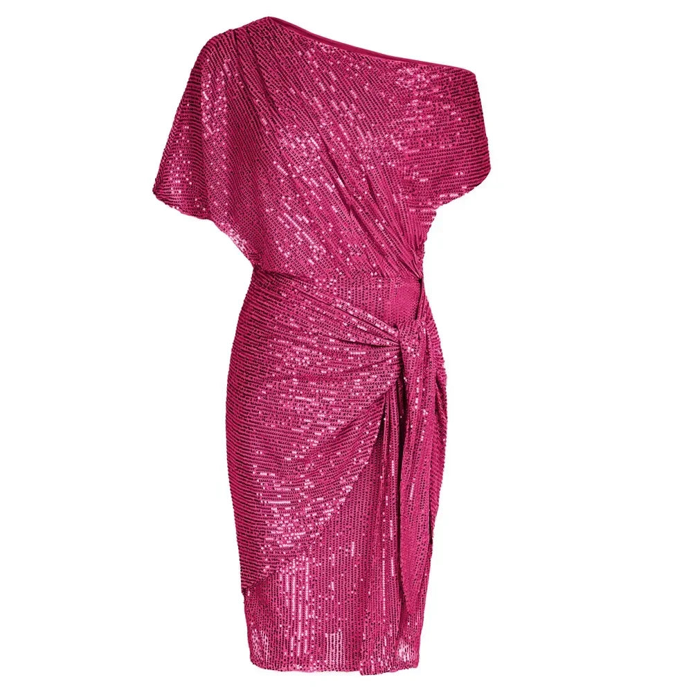 Elegant Party Dress Cocktail Dresses for Women Sequined Summer Ruched Short Sleeve Asymmetric Off Shoulder Bodycon Dress Vestido