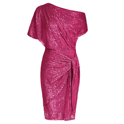 Elegant Party Dress Cocktail Dresses for Women Sequined Summer Ruched Short Sleeve Asymmetric Off Shoulder Bodycon Dress Vestido