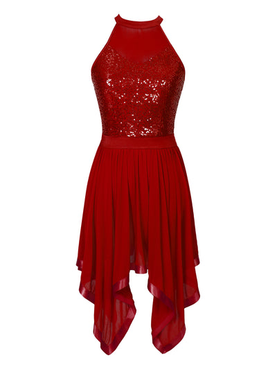 Elegant Ballet Leotards Dance Dress For Women Shiny Sequins Asymmetrical Hem Mesh Lyrical Dresses Prom Performance Costume