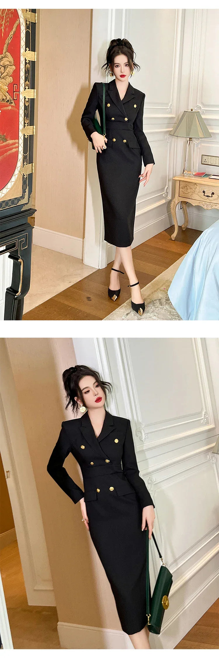 Fashion Elegant Midi Dress Women's Professional Business Style Long Sleeve Double Breasted Slit Robe Office Lady Work Vestidos