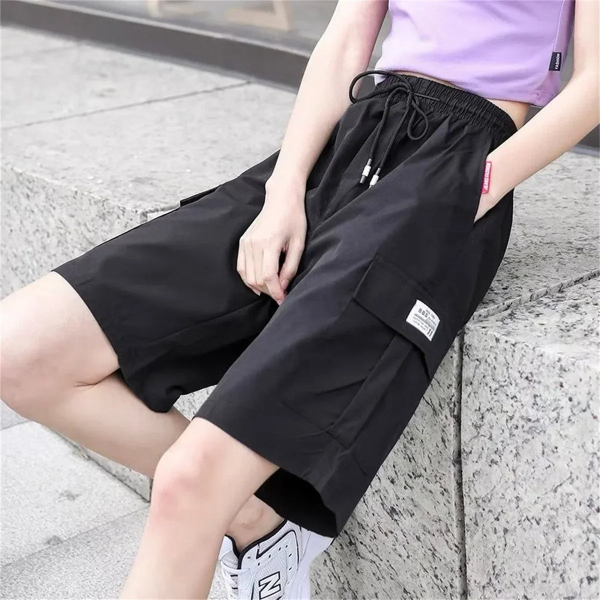 Cargo Shorts Women Harajuku Black Oversized Wide Leg Shorts Summer Streetwear Fashion High Waist Baggy Short Pants Girls