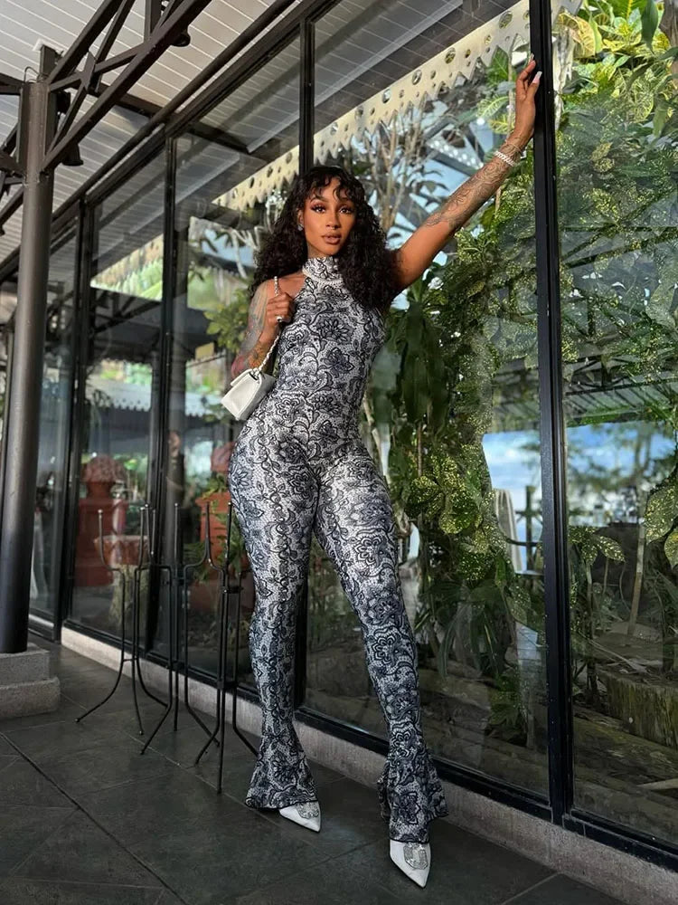 kliou Attractive Y2K Women Jumpsuits Fashion Print Halter Backless High Collar Off Shoulder Overalls Female Midnight Clubwear