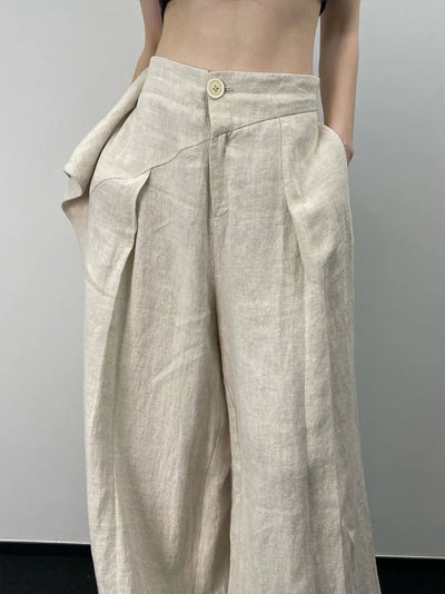 Streetwear Wide Leg Pants Women Fashion Pleated Linen Baggy Pants Summer Korean High Waist Casual Design Straight Trousers New