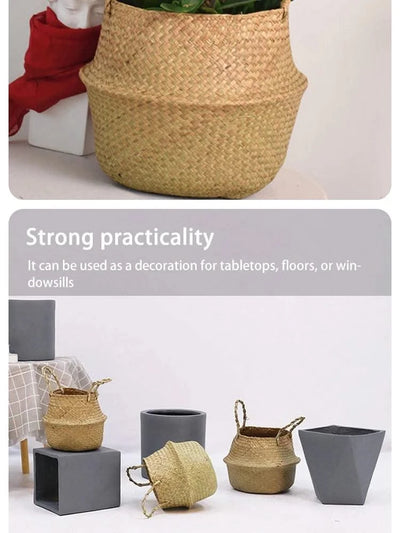 Wicker Basket Toy Organizer Folding Rattan Seagrass Storage Basket Laundry Woven Basket Plant Flower Pot For Home Garden