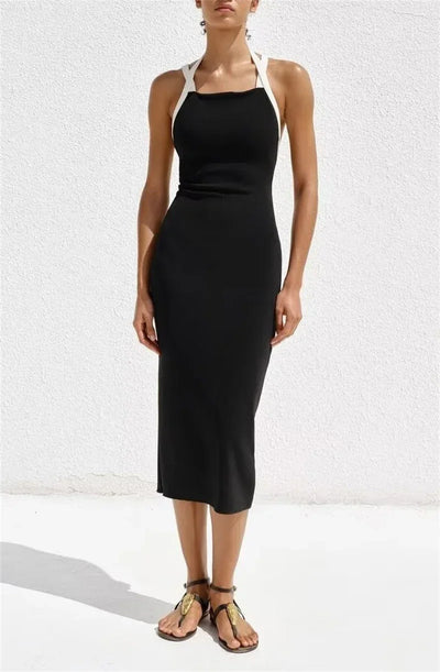 Women's Dresses New Spring 2025 Contrasting Halterneck Collar Midi Dress Sexy and Unique Design on the Back Personality 5584206