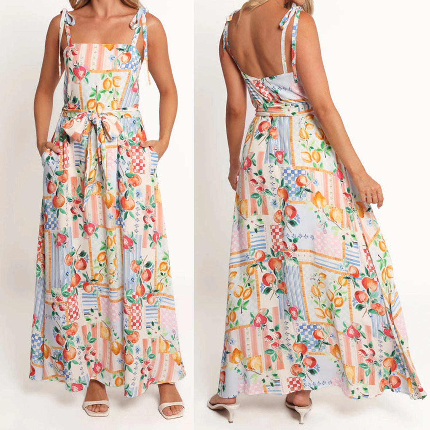 Women Slip Dress Spaghetti Straps Backless Fruit Flower Print Swing Dress Summer Long Dress with Belt for Cocktail Party