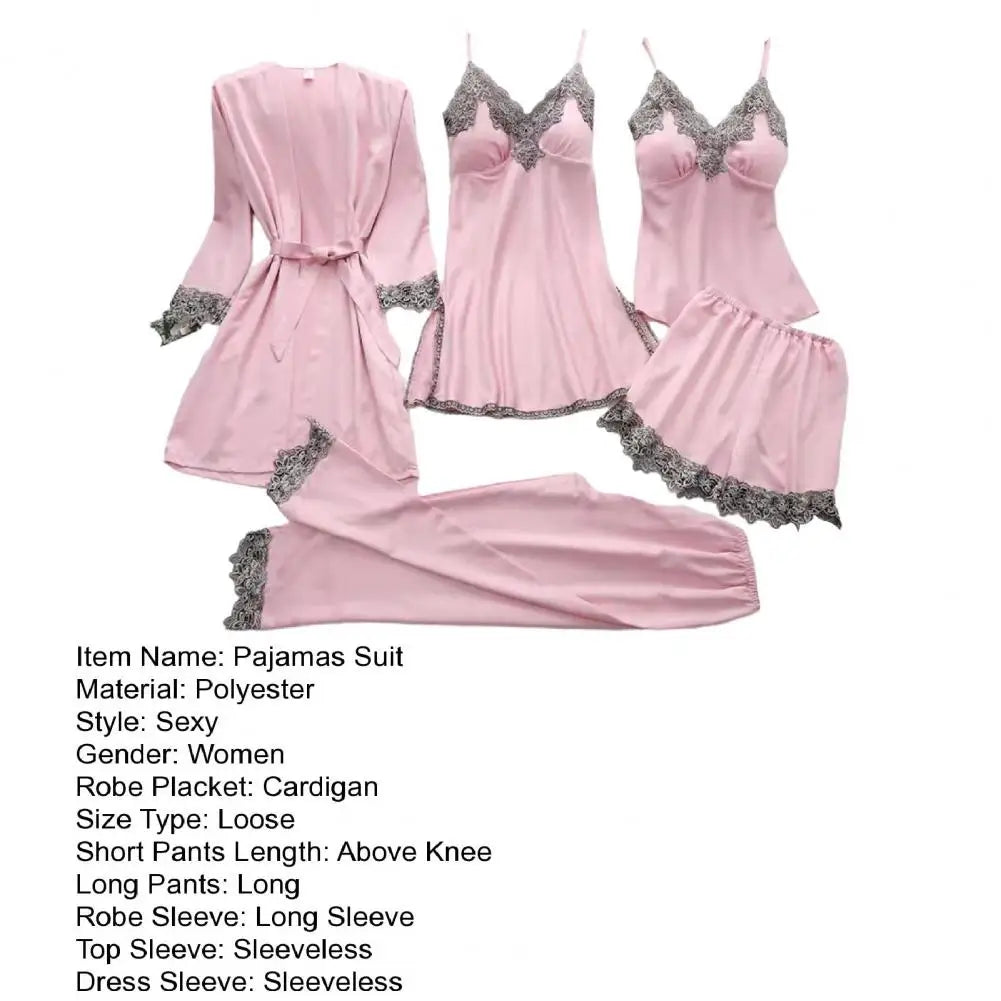 5-piece Loungewear Set Silky Satin Lace Patchwork Women's Pajamas Set with Top Shorts Pants Loose Lace-up Waist Homewear