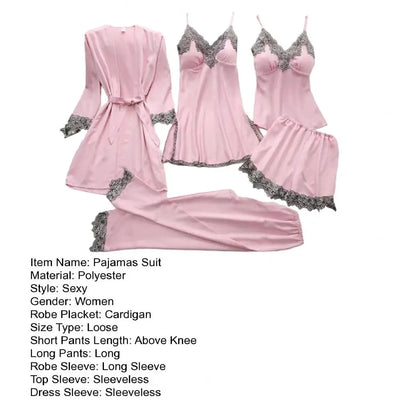 5-piece Loungewear Set Silky Satin Lace Patchwork Women's Pajamas Set with Top Shorts Pants Loose Lace-up Waist Homewear