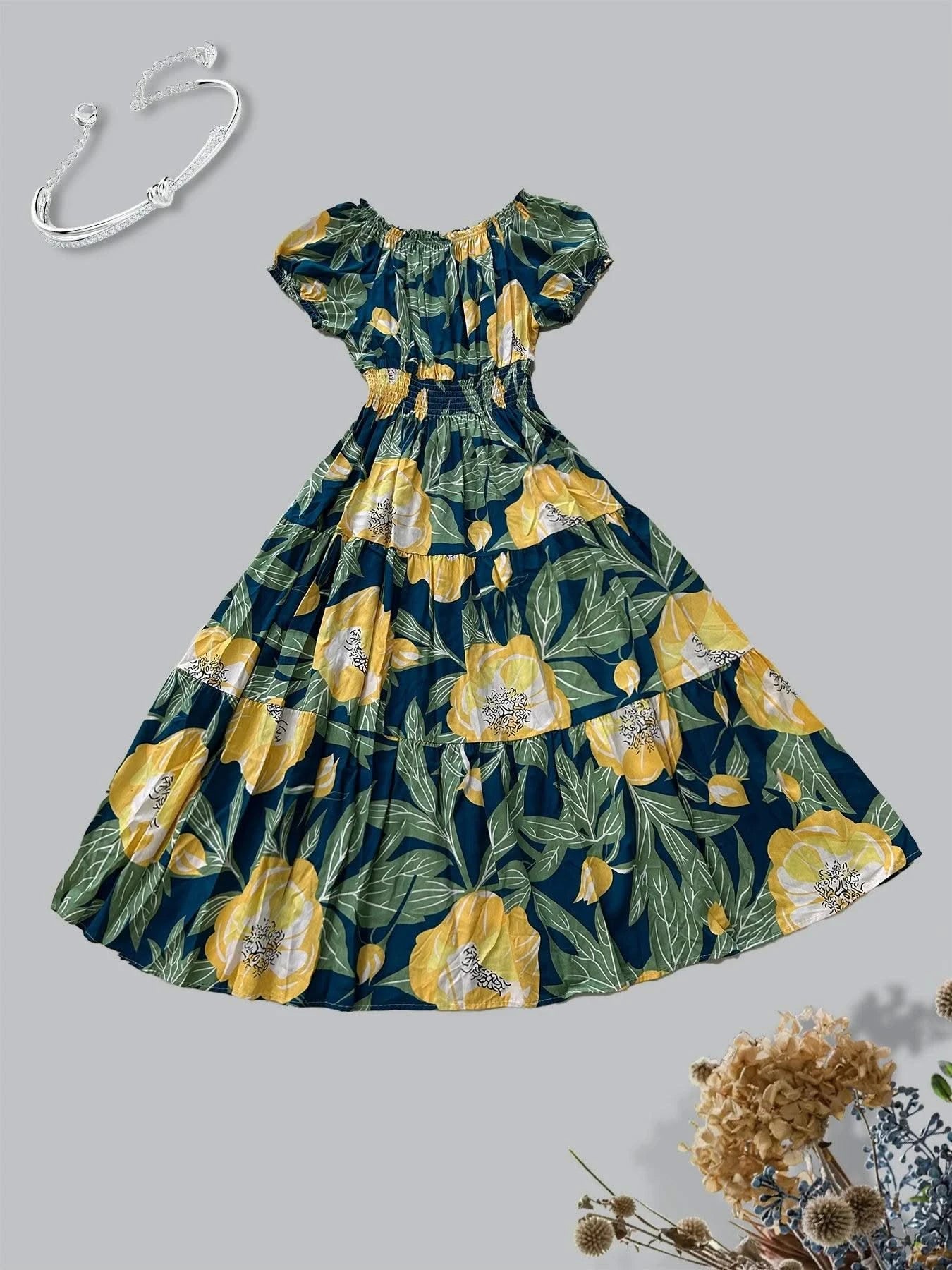 Women's Floral Summer Fashion Women's Print One-line Shoulder Dress Summer Beach Vacation Dress Causul Dress for Women
