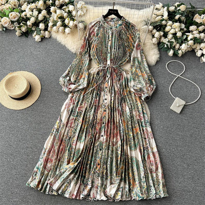 Retro Print Elegant Pleated Lantern Long Sleeve O Neck Single Breasted Dress A-line  Casual High Waist Women Summer Dresses