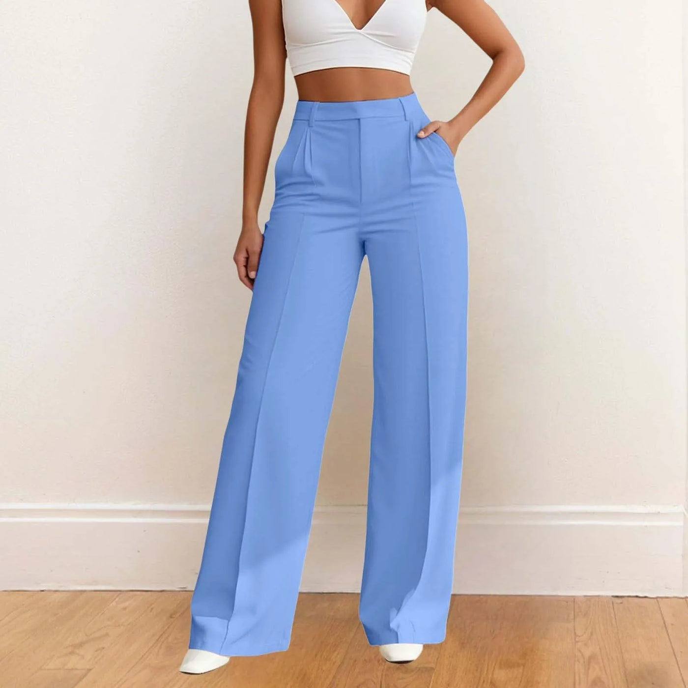 Casual Wide Leg Pants Women Fashion Solid Color Spring Summer Elastic High Waist Business Work Trousers With Pockets