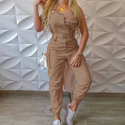Women's Workwear Jumpsuits Summer Casual Simple Sleeveless Strap High Waist with Belt Fashion Solid Female Bound Feet Jumpsuits