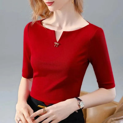 Women V-Neck Short Sleeve brooch decor Slim Red colour Blouse Tops