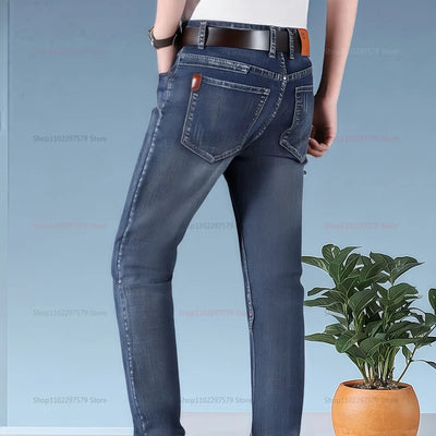 Mens Denim Pants Spring Casual Business Straight Fit Loose Elasticated Jeans Stylish Comfortable Pants for Work and Daily Wear