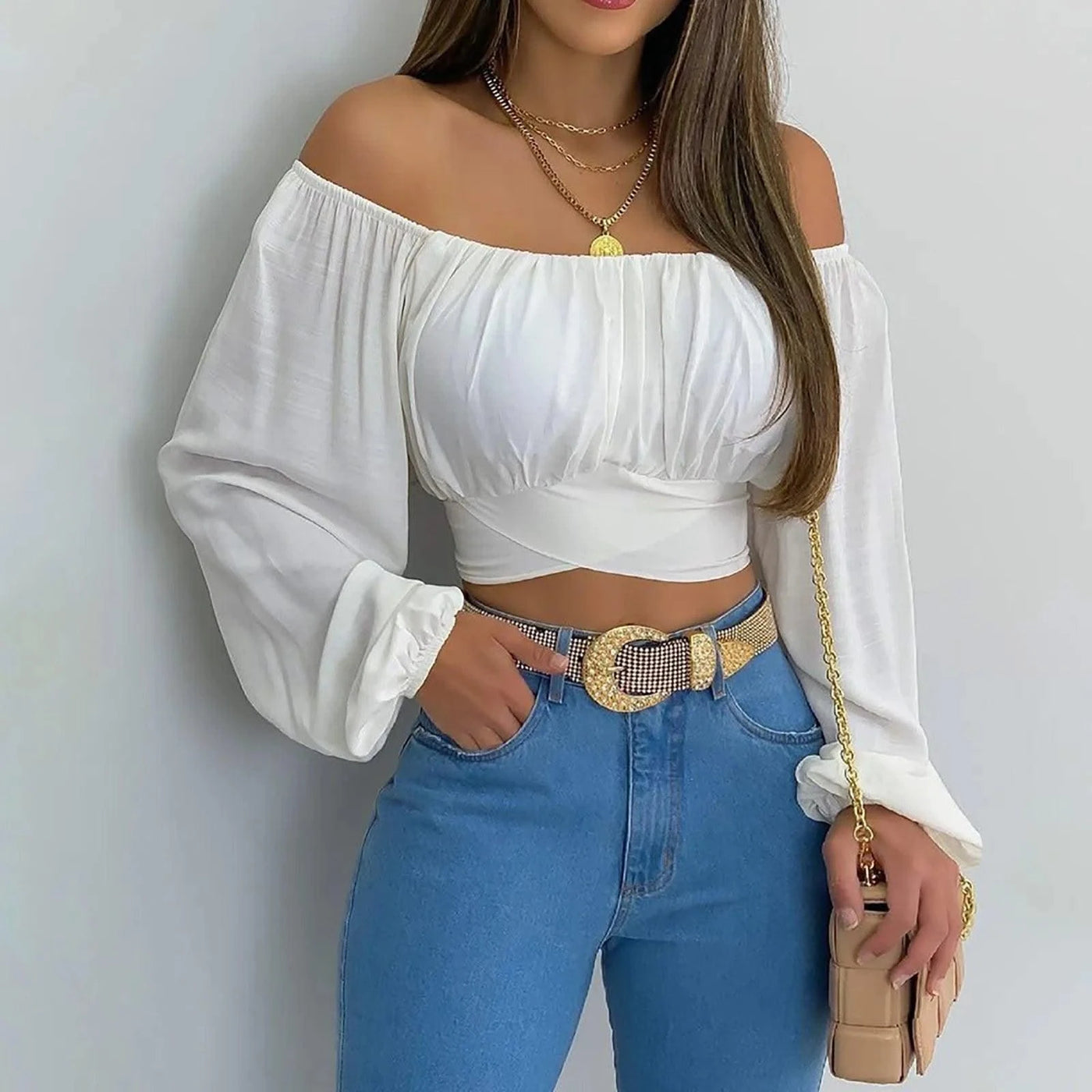 Women Sexy Off Shoulder Blouse Chic and Elegant Printing Lantern Long Sleeve
