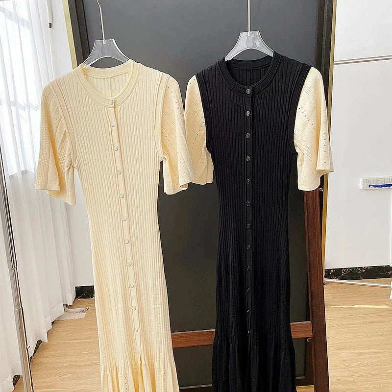 Classic Style Single Breasted Knitted Women Midi Dress O Neck Short Sleeve Hollow Out Spliced Lady Fishtail Dress
