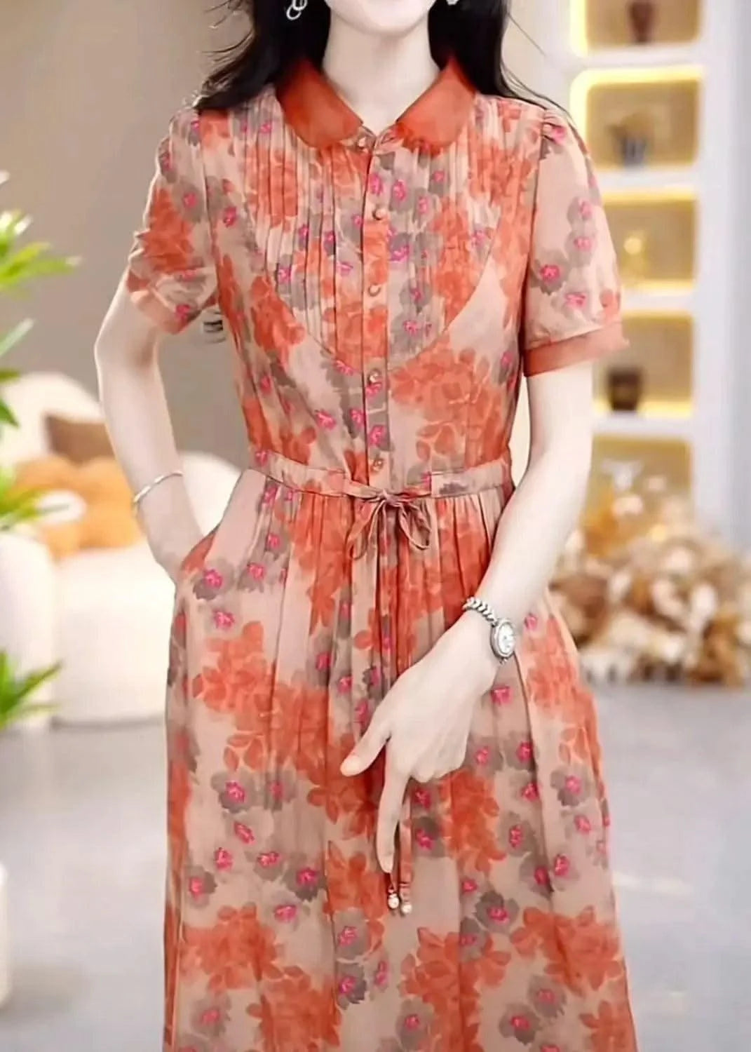 Floral Chiffon Dress for Women in Summer New Fashion Waist-hugging and High-end Temperament Long Skirt Covering Belly Over Knees