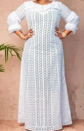 White Lace Dresses for Women Wedding Guests Elegant Turn Down Collar Puff Sleeves Pleated Hem Midi Dress Luxury Occasion Clothes