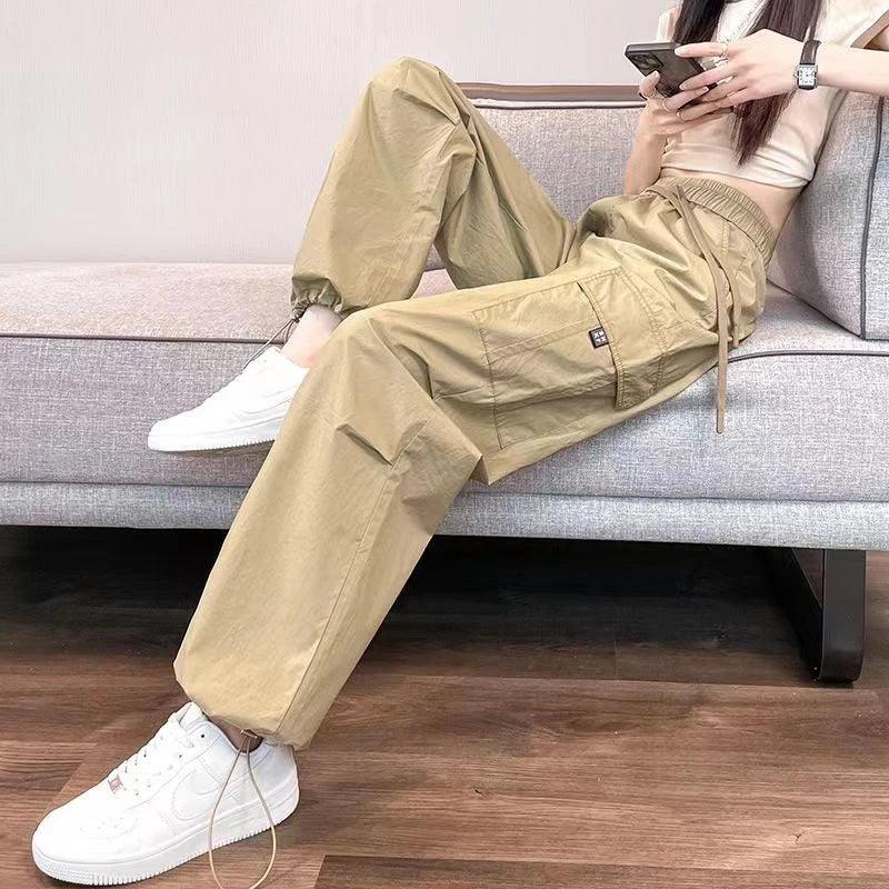 Fashion Women Joggers Pants Casual Female Chic Straight Cargo Pants Elastic High Waist Streetwear Slim Trousers Summer Thin