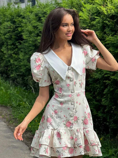 Floral Ruffles Women Dress French V Neck Puff Sleeve Summer Slim Sweet Mini Dress Fresh Chic High Waist A Line Elegant New Dress