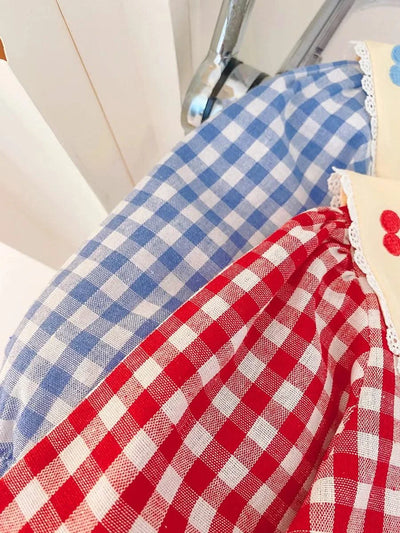 Rabbit Embroidery Cherry Lace Checkered  Peter Pan Collar Dress For Toddler |Girl  1-4Y Infant Girl Princess Dress|New Arrival