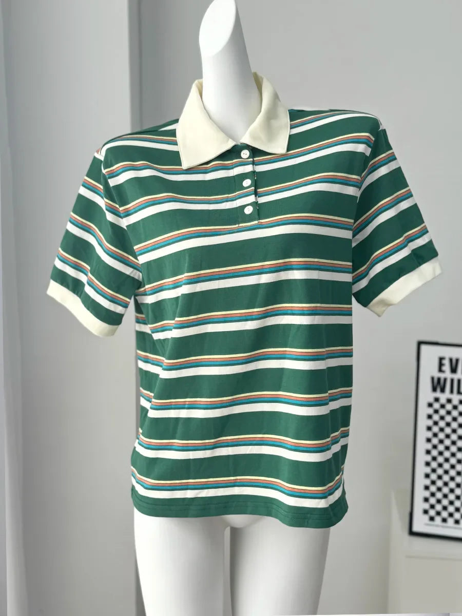 Hirsionsan Polo Neck T Shirt Women Soft Chic Tees 95% Cotton Jumper Clothes Loose Casual Pullover 2025 Summer New Crop Tops