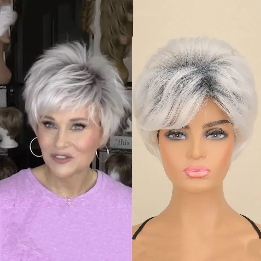 Women Short Hair Women Synthetic Wigs Mixed Gray White Pixie Cut HighLights Hair Wig Heat Resistant Fiber Wigs