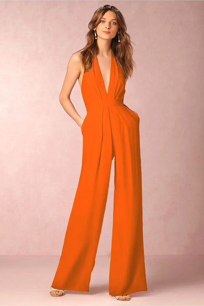 Jumpsuits Women Sexy Playsuits Deep V-neck Sleeveless Halter Neck Backless High Waist Wide Leg Jumpsuit Elegant Party Banquet