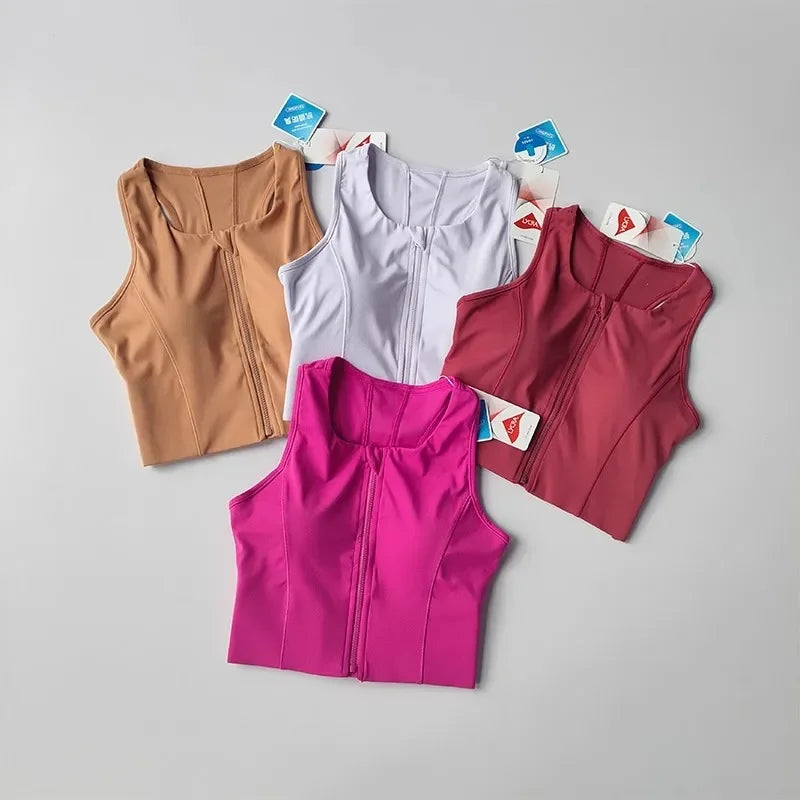 Women's sports and fitness underwear, integrated front zipper design, shock-absorbing gathering, quick drying yoga vest