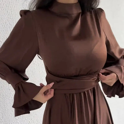 Lotus Sleeve Dress for Women Casual Slim-fit Dress with Belted Waist Abaya Dubai Luxury Turkey Islam Muslim Dress Women Kaftan
