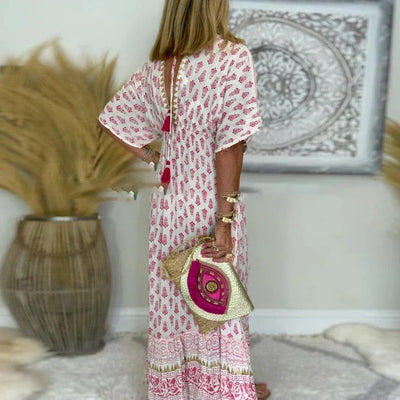 Summer Dress Women 2024 Short Sleeve Floral Print Bohemian Long Dress Spring V Neck Lace-up Tassel Backless Party Dress Vestidos