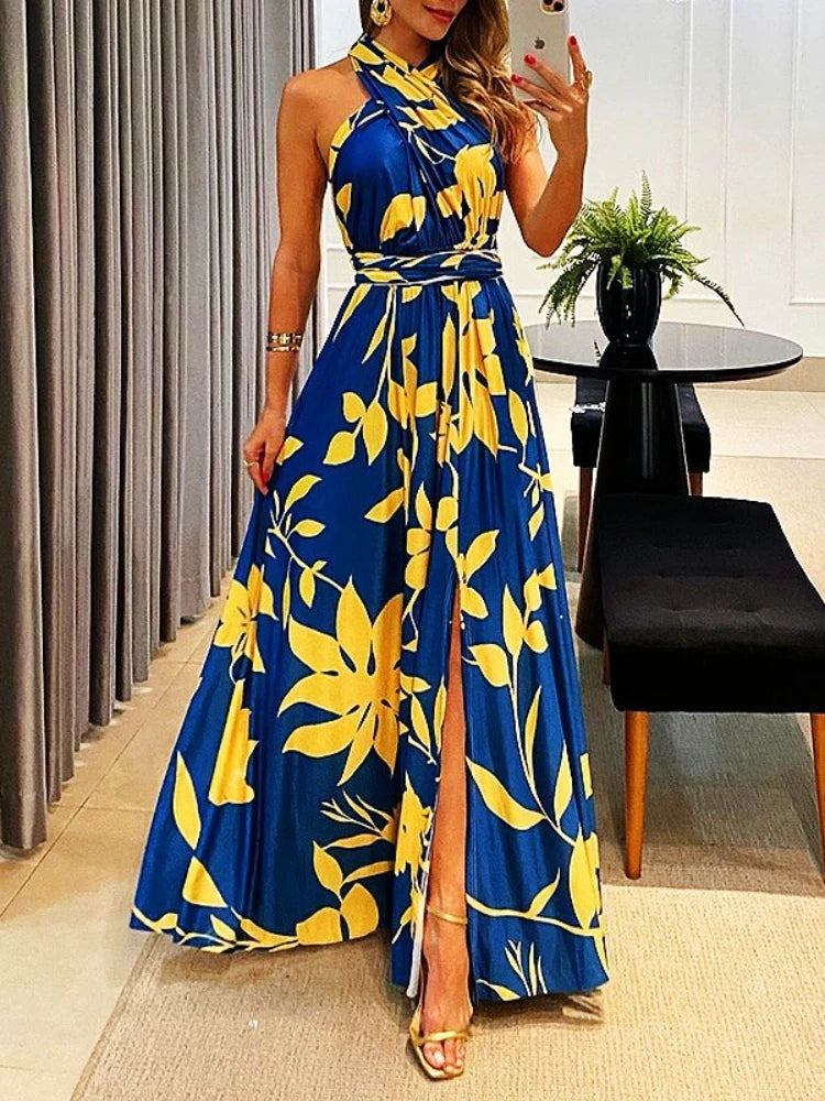 Women's Dress New Summer Printing Boho Robe Hanging Neck High Waist Split Sexy Dress Long Dresses Woman Clothing Party Dresses