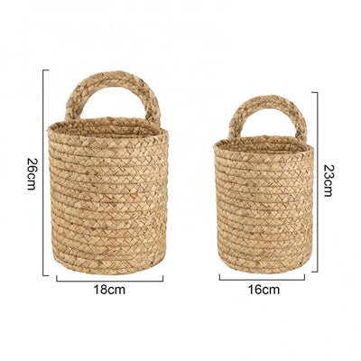 Garden Plant Flower Pot Handmade Rattan Storage Basket Foldable Seagrass Straw Hanging Woven Handle Toy Storage Container 1Pc