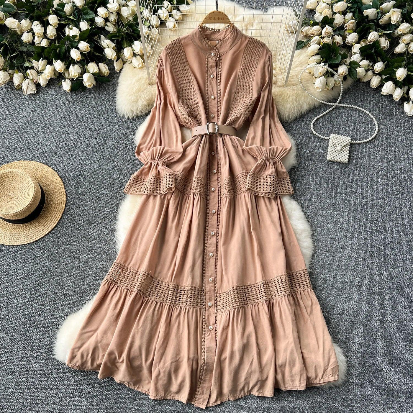 Retro Elegant Summer Stand Collar Flare Sleeve Single Breasted Lace Spliced Dress A-line French Evening Party Women Dresses