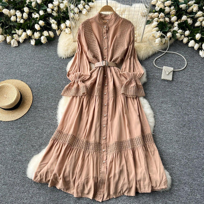Retro Elegant Summer Stand Collar Flare Sleeve Single Breasted Lace Spliced Dress A-line French Evening Party Women Dresses