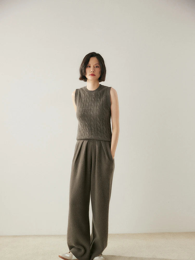 ADDONEE Women 100% Cashmere Pants Pleated Waist Wide Leg Pants Casual Simple Style Autumn Winter Cashmere Knit Trousers Luxury