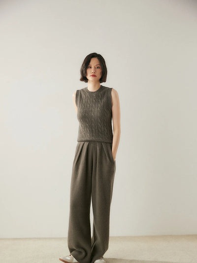 ADDONEE Women 100% Cashmere Pants Pleated Waist Wide Leg Pants Casual Simple Style Autumn Winter Cashmere Knit Trousers Luxury