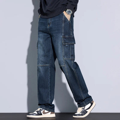 Men's 97% Cotton Straight Cargo Jeans Trendy Multi-pocket Nostalgic Loose Trousers Man American Vintage Fashion Denim Pants