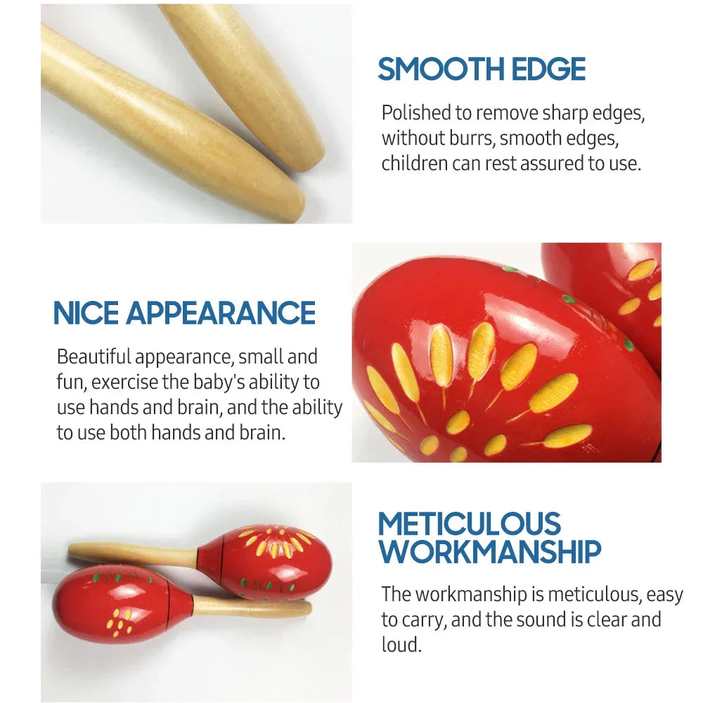 1 Pair Wooden Maracas Sand Hammer Rumba Shakers Rattles Sand Hammer Percussion Instrument Musical Toy for Kid Children Games - Elanique