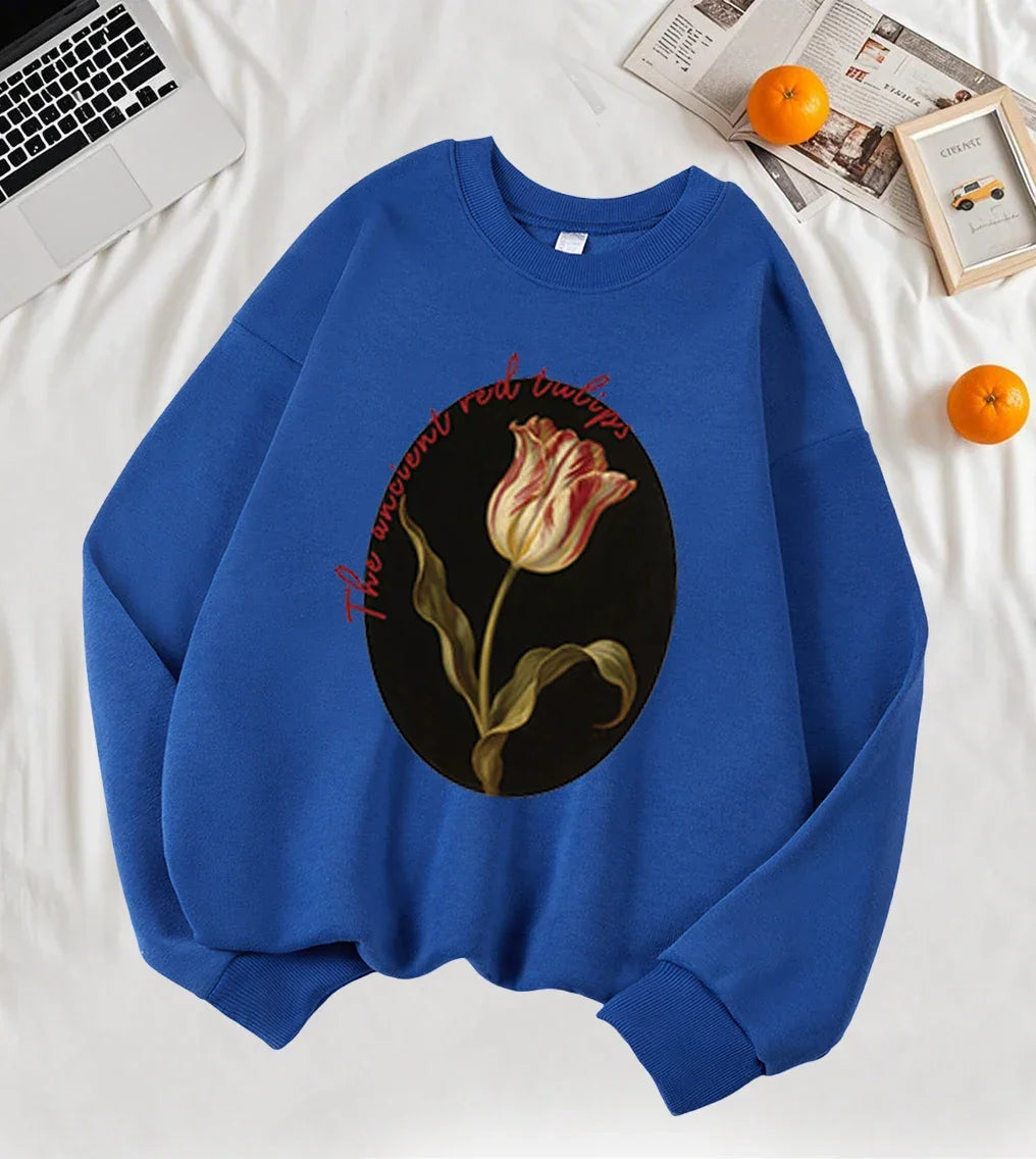 The Ancient Red Twlipws Design Women Sweatshirt Soft Warm Tops Fleece All-Match Pullover Crewneck Casual Sportswear For Woman