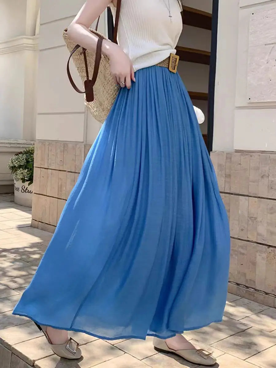 2025 New High Waisted Cotton Linen Pleated Midi Skirt – Summer Flowy A-Line Maxi Skirt for Women, Breathable & Elegant