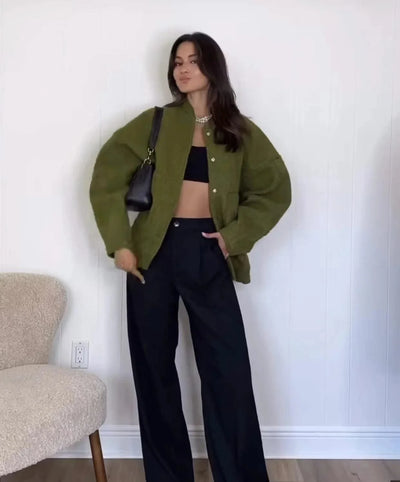 Woman's Oversized Bomber Jacket Autumn New Round Neck Long Sleeve Pocket Hidden Button Loose Jackets Coat Female Outerwear