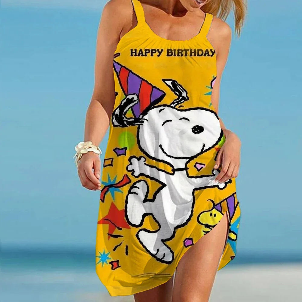 Snoopy Kawaii Women's Beach Dresses Leisure Boho Sanrio Elegant Chic Dress Sling Y2k S-3XL 2024 Summer Youthful Woman Clothes