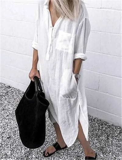 Women's Cotton Linen Shirt Dresses Loose Long Sleeve Turn-Down Collar Pullover Solid Dresse Casual Holiday Beach Party Sundress